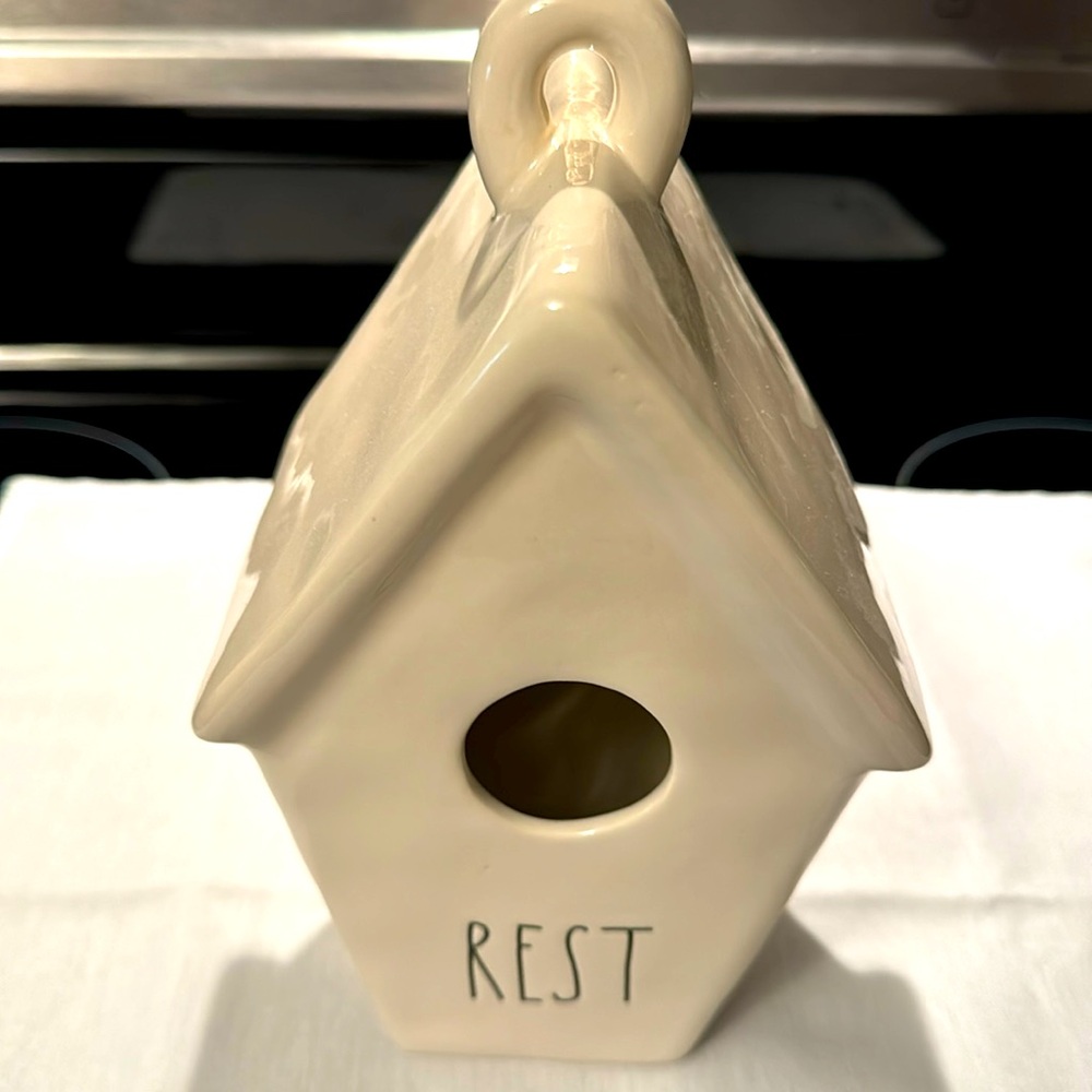 Rae Dunn “REST” Birdhouse with Bird Nest on back. New Condition.